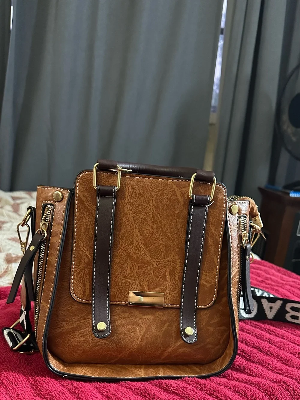 Structured Tan Faux Leather Crossbody Bag with Gold Accents